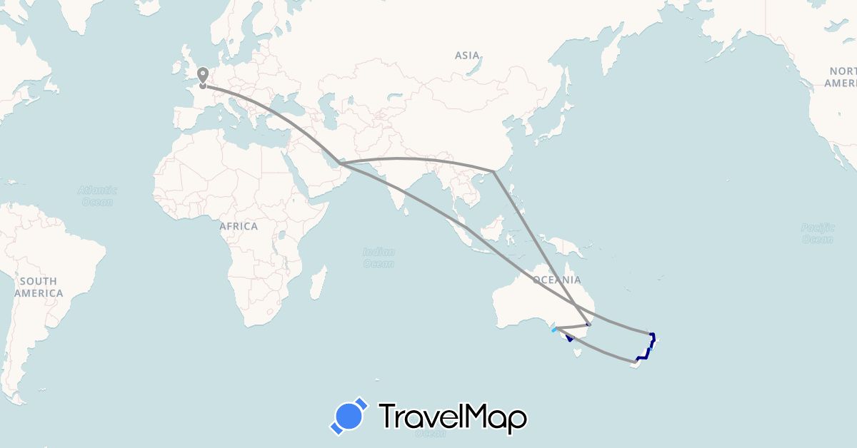 TravelMap itinerary: driving, plane, boat in United Arab Emirates, Australia, France, Hong Kong, New Zealand, Singapore (Asia, Europe, Oceania)